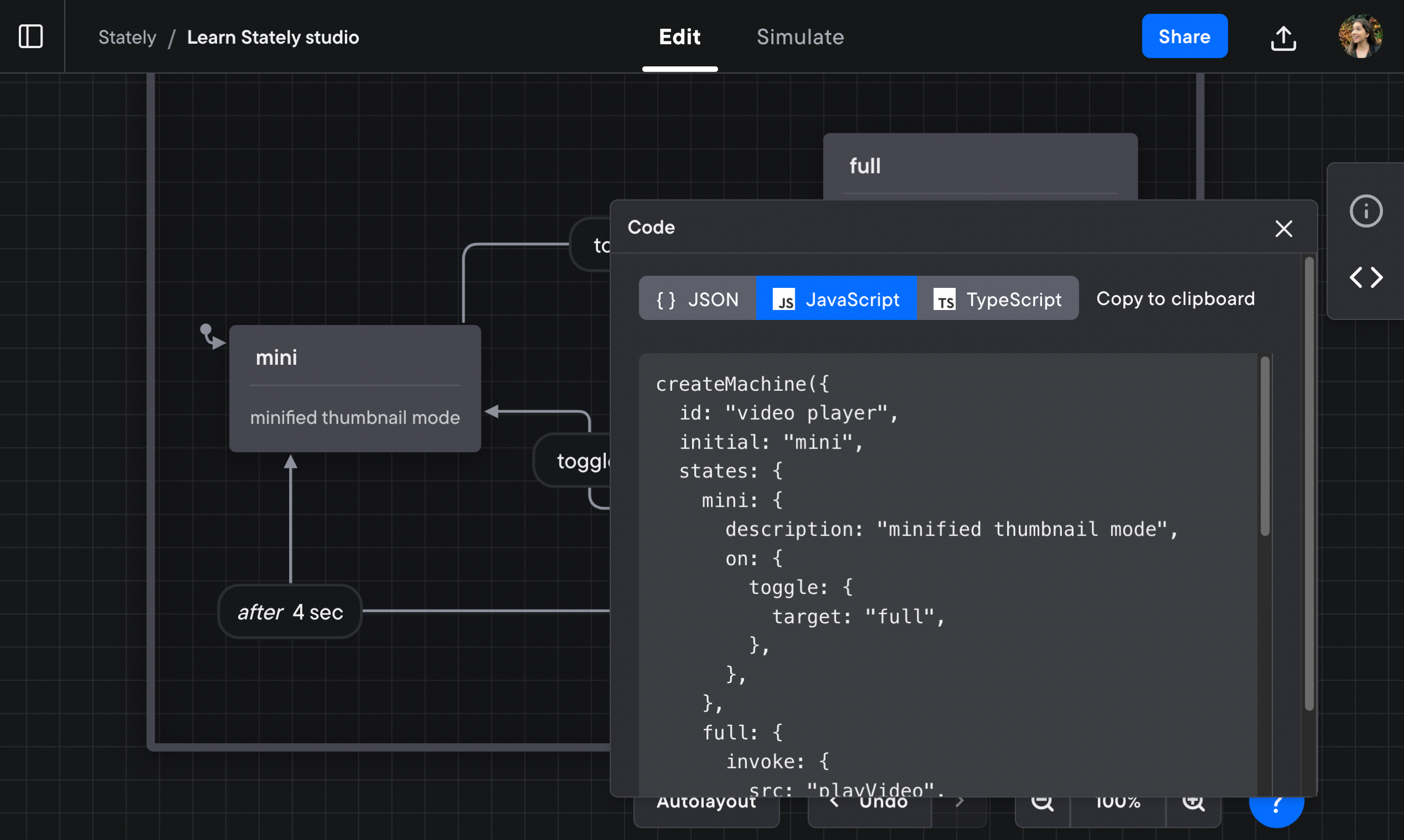 The code popover panel showing over a video player machine. The Code options are JSON, JavaScript and TypeScript. The JavaScript option is selected, alongside a button to copy to clipboard. The code is shown in a text area below as JavaScript object describing the video player machine.