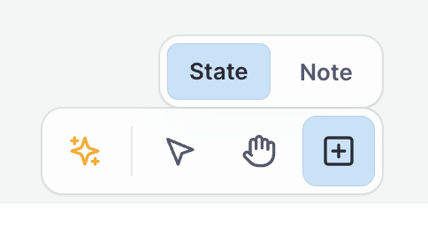 Canvas tools in Stately Studio, including a sparkles AI icon, pointer icon, hand icon, and plus icon which is focused and has an open menu for adding a state or a note.