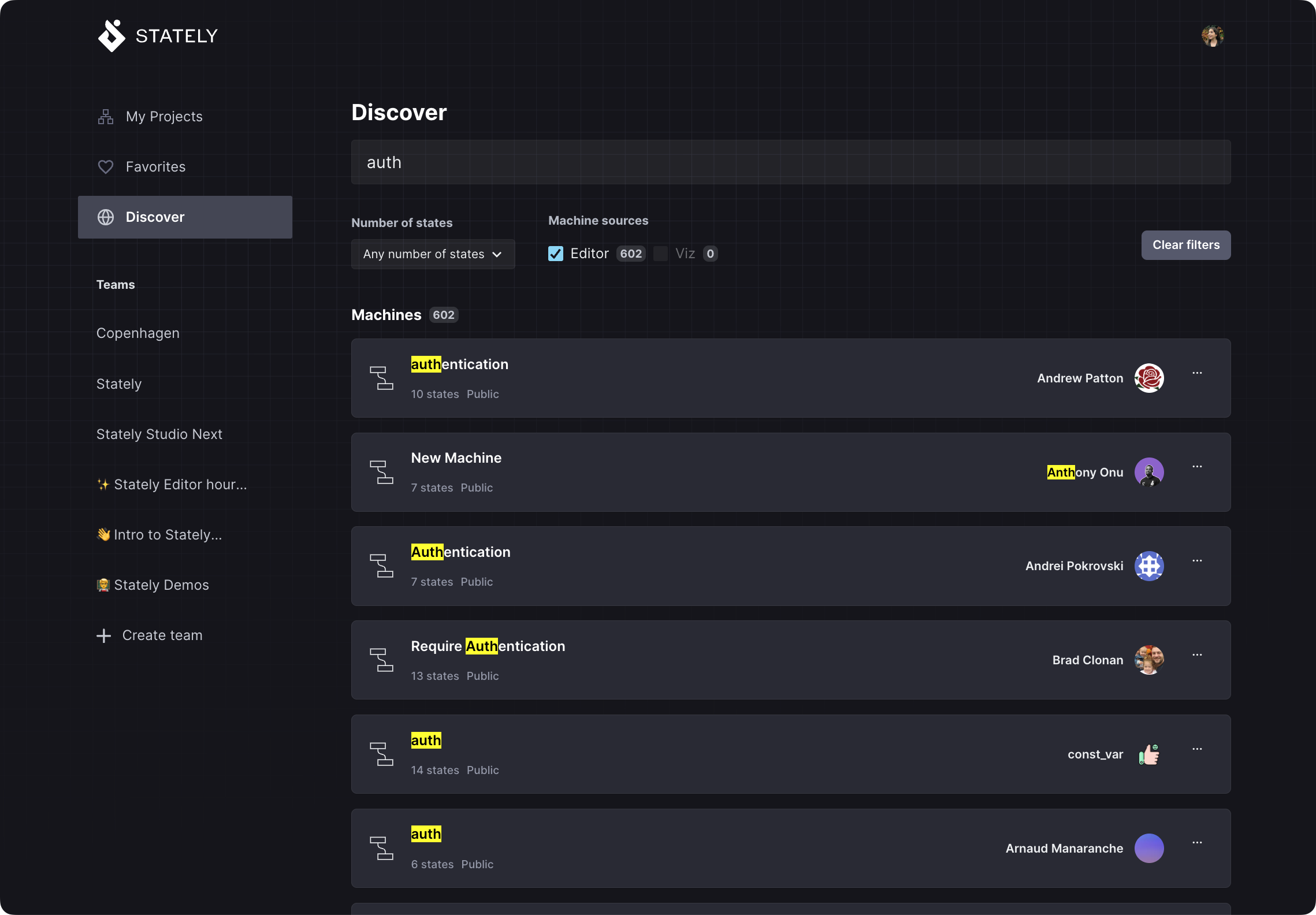 Stately Studio Discover page showing the search results for “auth”, filtered by editor machines under 10 states, showing 173 results.