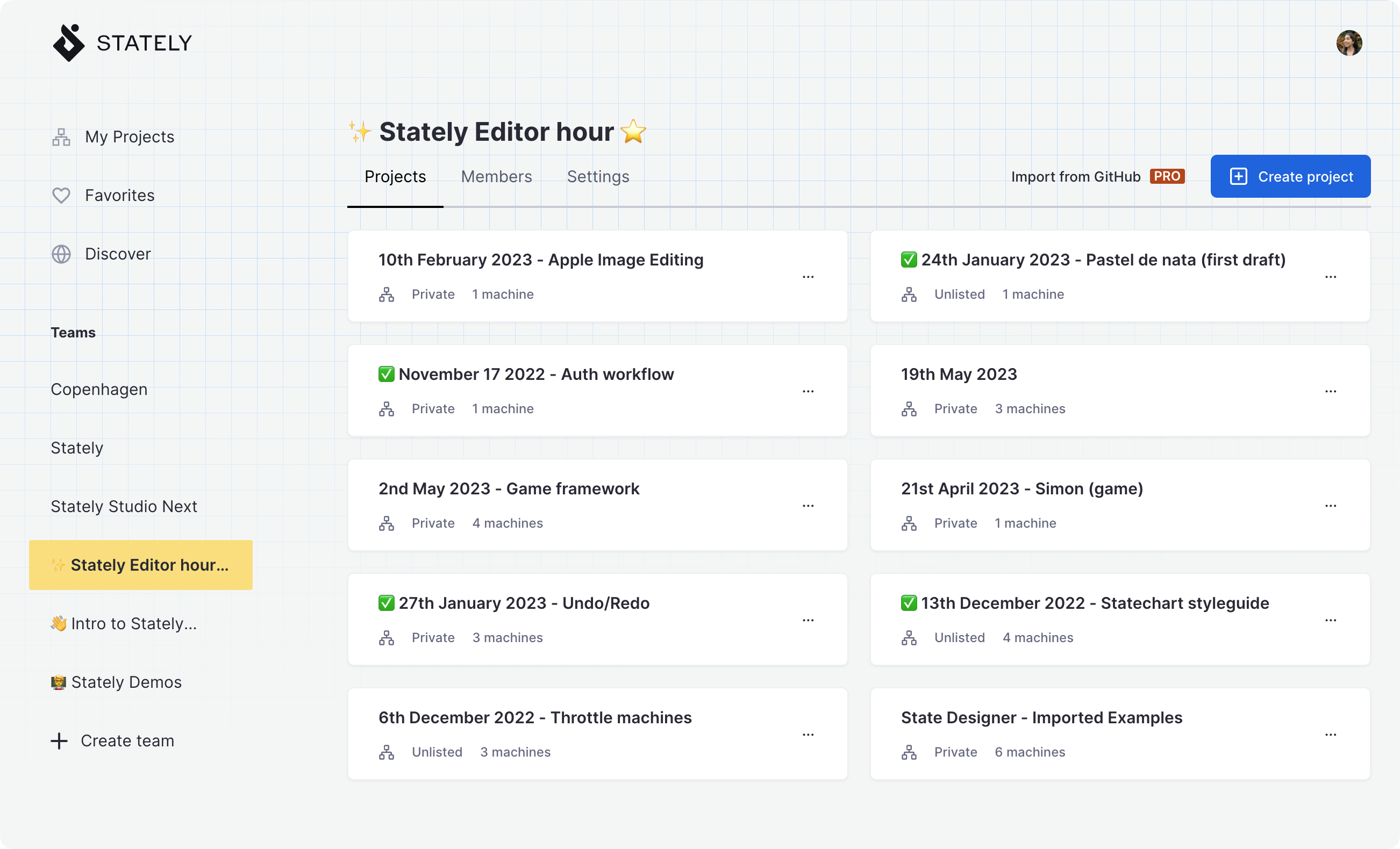 Stately Studio Projects page for the Voyager team, showing a list of four projects, one with public machines, two with private machines, and one with unlisted machines.